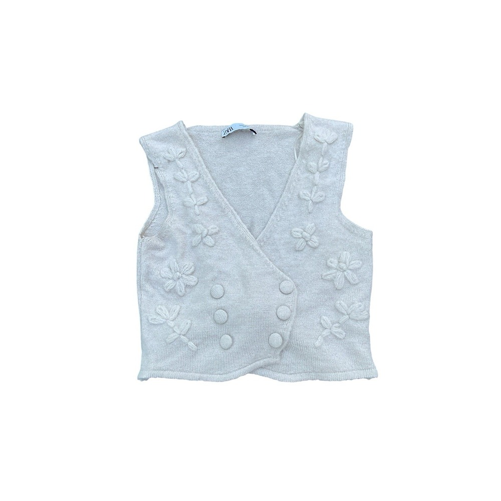 Zara V Neck Beige Flower Sweater Vest Women's Medium M Sleeveless Knit Top